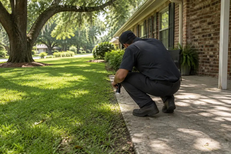 Generated illustration of a technician crouching at a patio edge beside a lawn with a flashlight