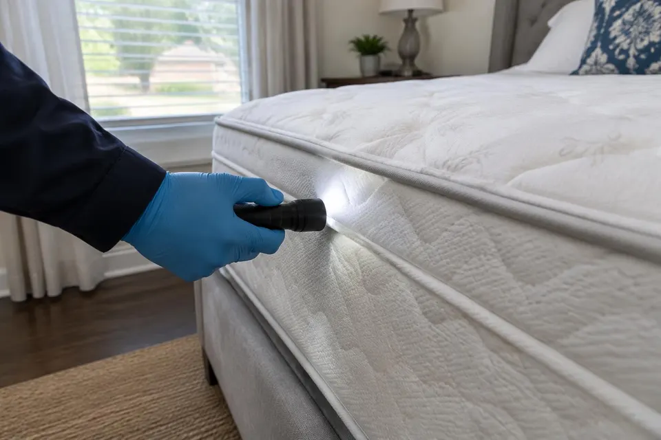 Generated illustration of a gloved hand shining a flashlight along a mattress seam