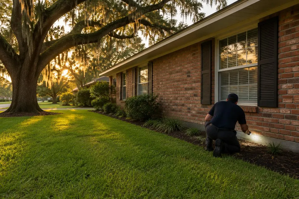 Generated illustration of a technician kneeling with a flashlight at the foundation edge of a brick ranch house under a live oak
