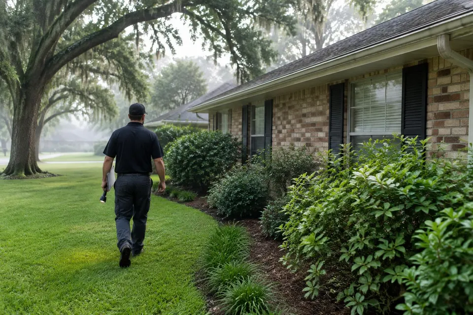 Generated illustration of a technician walking the yard perimeter beside a brick ranch house