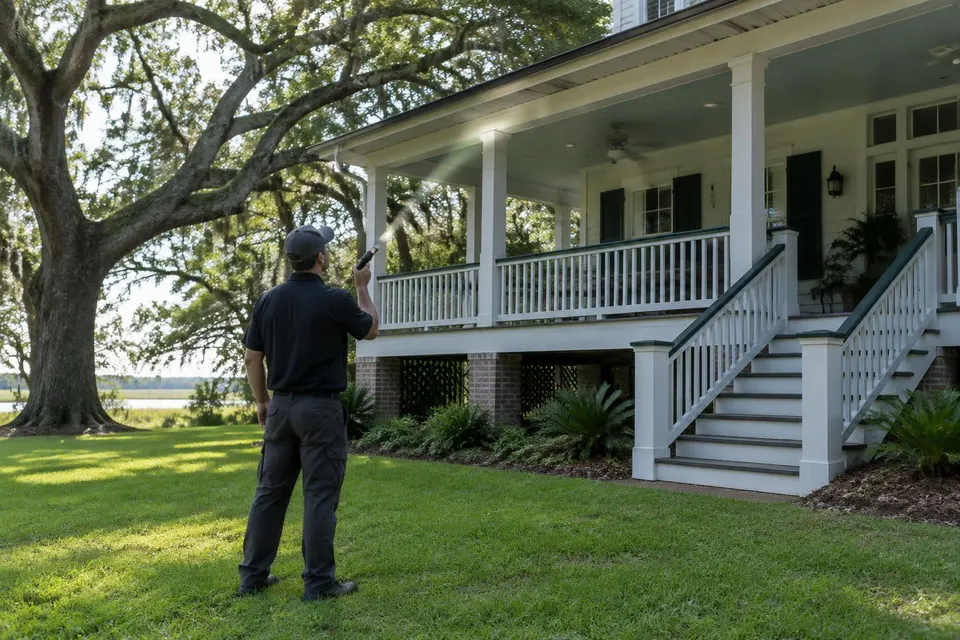 Generated illustration of a technician on a lawn looking up at the porch eaves of a raised home